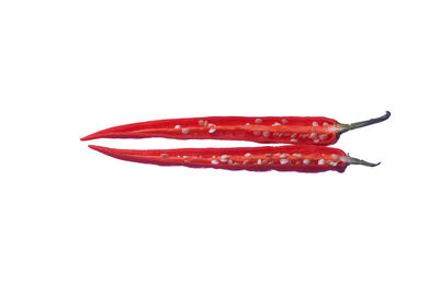 Close-up of red chili over white background