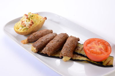 High angle view of food in plate on table