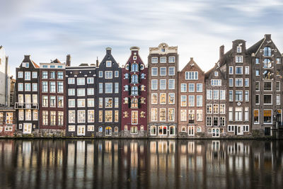 Reflection of buildings on river against sky