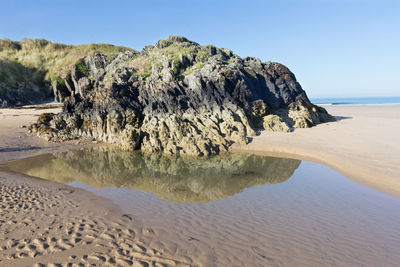 Scenic view of beach against clear sky