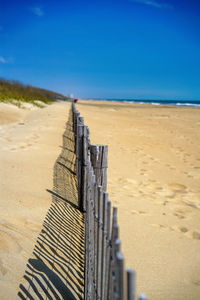 Scenic view of beach against blue sky