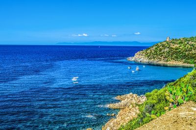 Scenic view of sea against blue sky