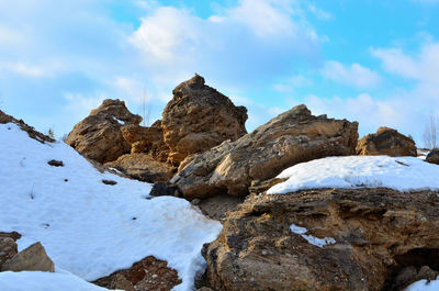 Rock formations on snowcapped mountain against sky