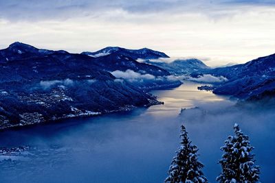 Scenic view of lake and snowcapped mountains against sky