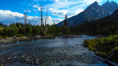Scenic view of lake against cloudy sky