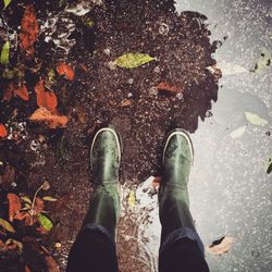 Low section of person standing in puddle