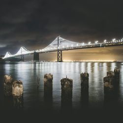 View of suspension bridge over river at night