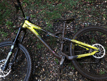 High angle view of bicycle parked on field