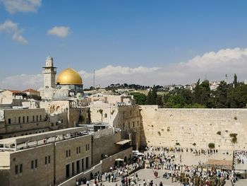 High angle view of the western wall kotel in jerusalem israel with dome of the rock on temple mount