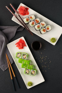 High angle view of sushi served on table