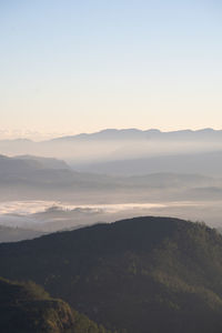 Scenic view of mountains against sky during sunset