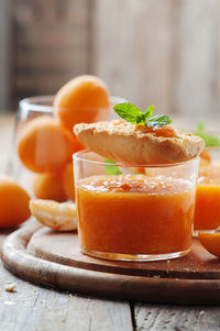 Close-up of orange juice on table