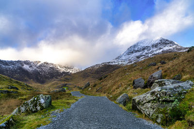 Scenic view of snowcapped mountains against sky