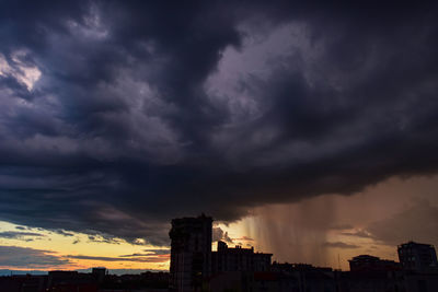 Storm clouds over city buildings