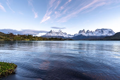 Scenic view of lake by mountains against sky