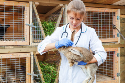 Portrait of young woman holding rabbit