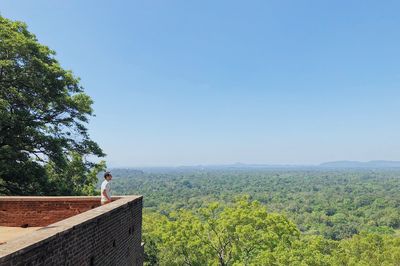 Man looking at forest while standing at observation point against clear blue sky