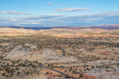 High angle view of land against sky