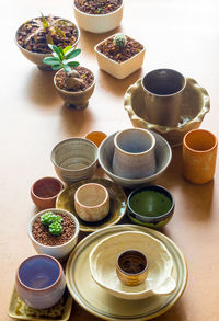 High angle view of potted plants on table