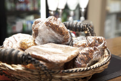 Close-up of ice cream in basket on table