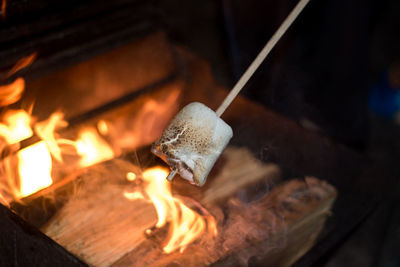 Close-up of bonfire and marshmallow during camping
