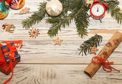 High angle view of christmas decoration on table