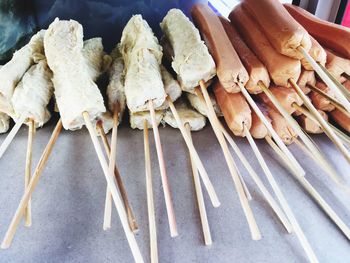 High angle view of ice cream on wooden surface