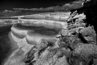 Scenic view of limestone at pamukkale against sky