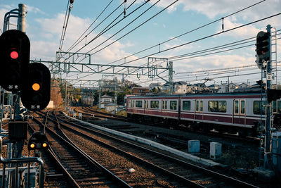 Train on railroad tracks against sky