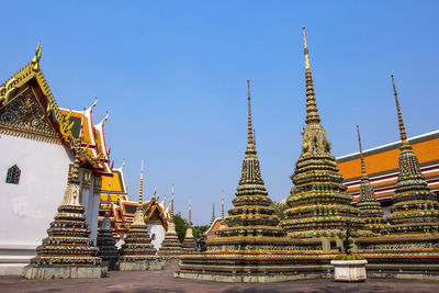 Low angle view of temple against clear blue sky