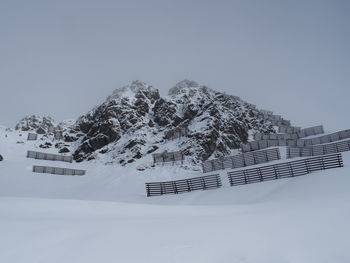 Scenic view of snow covered mountains against clear sky