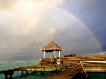 Scenic view of rainbow over sea against sky