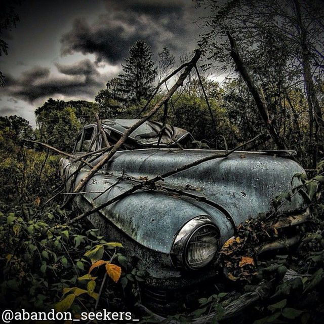 abandoned, obsolete, sky, deterioration, damaged, run-down, old, cloud - sky, tree, rusty, cloudy, transportation, weathered, metal, low angle view, cloud, field, outdoors, day, no people