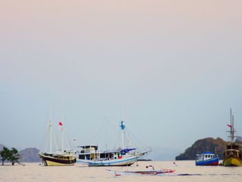 Sailboats moored in sea against clear sky