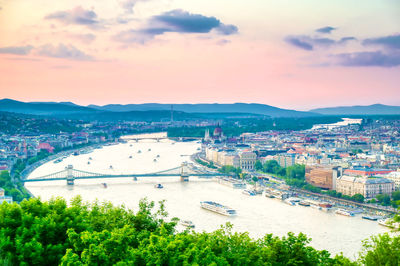 Aerial view of river and cityscape against sky