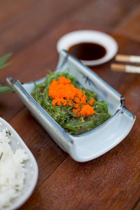 High angle view of food in bowl on table