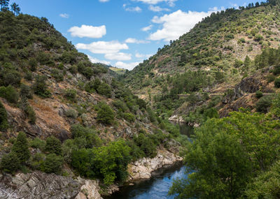 Scenic view of river amidst mountains against sky