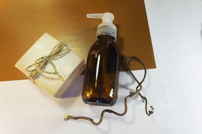 High angle view of wine bottles on table