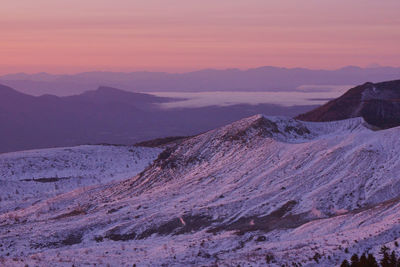 Scenic view of snowcapped mountains against sky during sunset