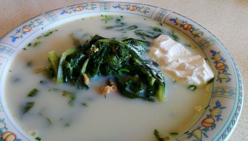 High angle view of soup served in bowl