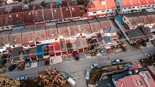 High angle view of street amidst buildings in city