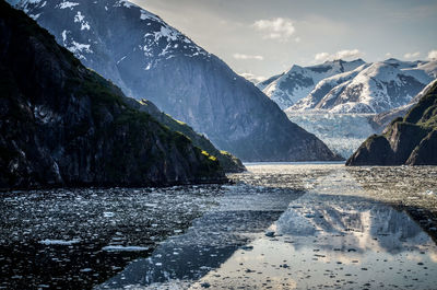 Scenic view of lake against mountain range