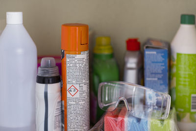 House cleaning agents and protective eyeglasses