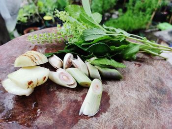 High angle view of chopped vegetables on table