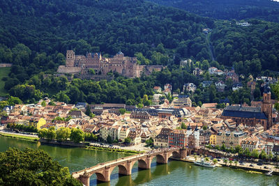 High angle view of river amidst buildings in city