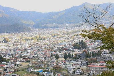 Aerial view of trees and mountains against sky