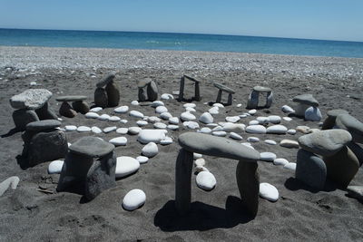 View of pebbles on beach against clear sky