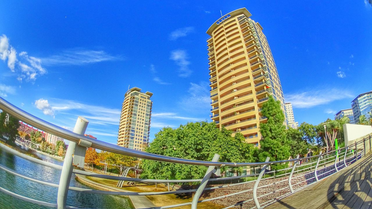 building exterior, architecture, built structure, blue, sky, low angle view, sunlight, cloud - sky, cloud, building, city, day, modern, growth, outdoors, no people, potted plant, tree, residential building, railing