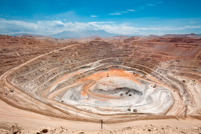 View from above of the pit of an open-pit copper mine in peru