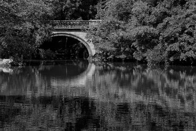 Arch bridge over lake against trees